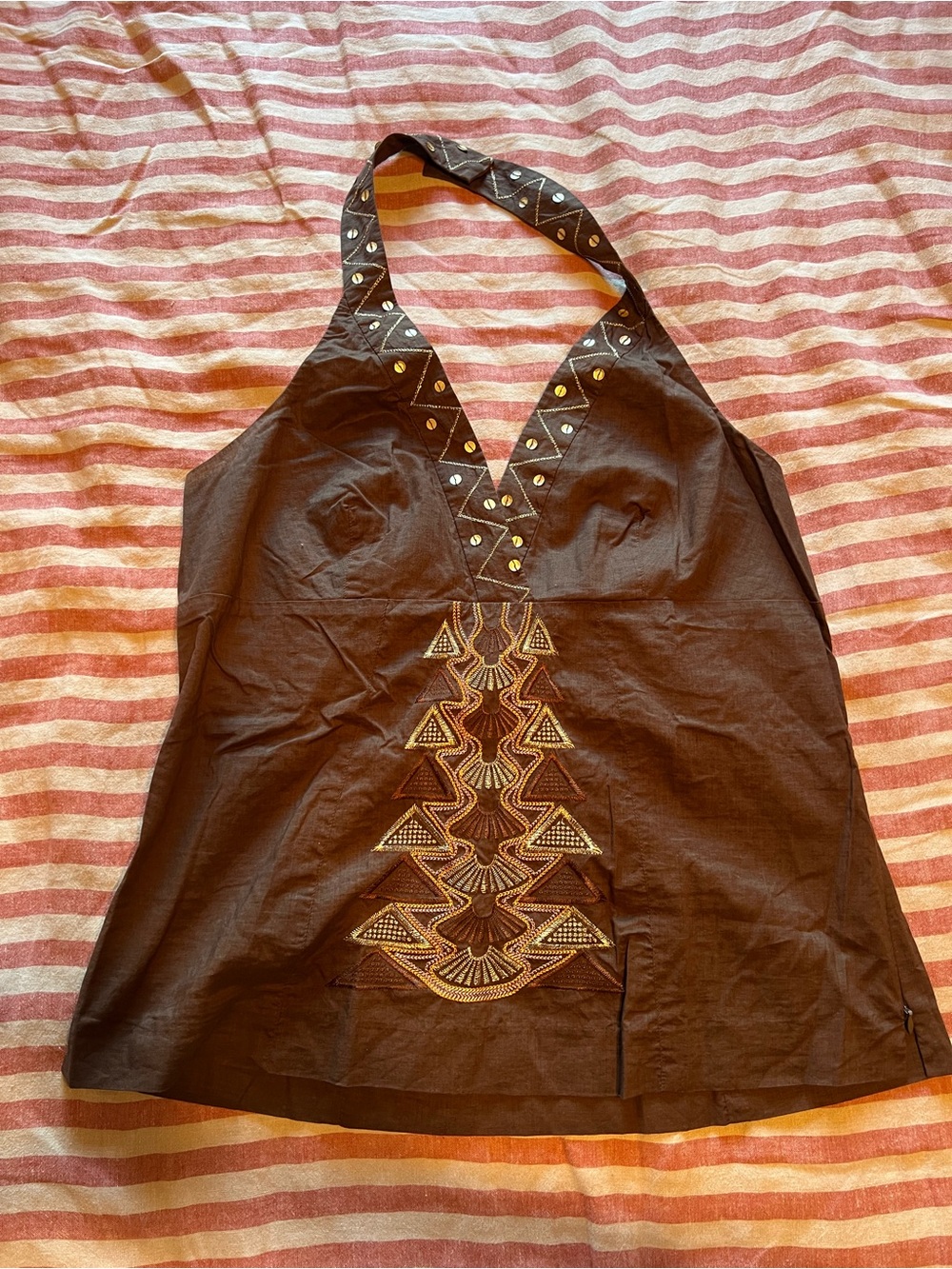 Y2K Embroidered Halter Camisole Top - Brown and Gold